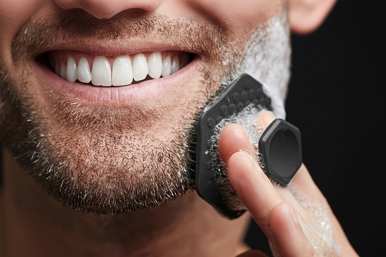 Man using face scrubber