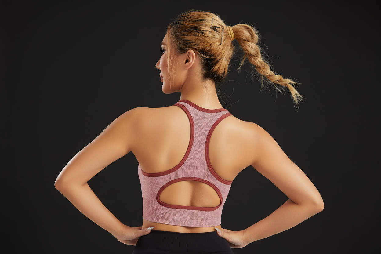 Model wearing pink sports bra - back